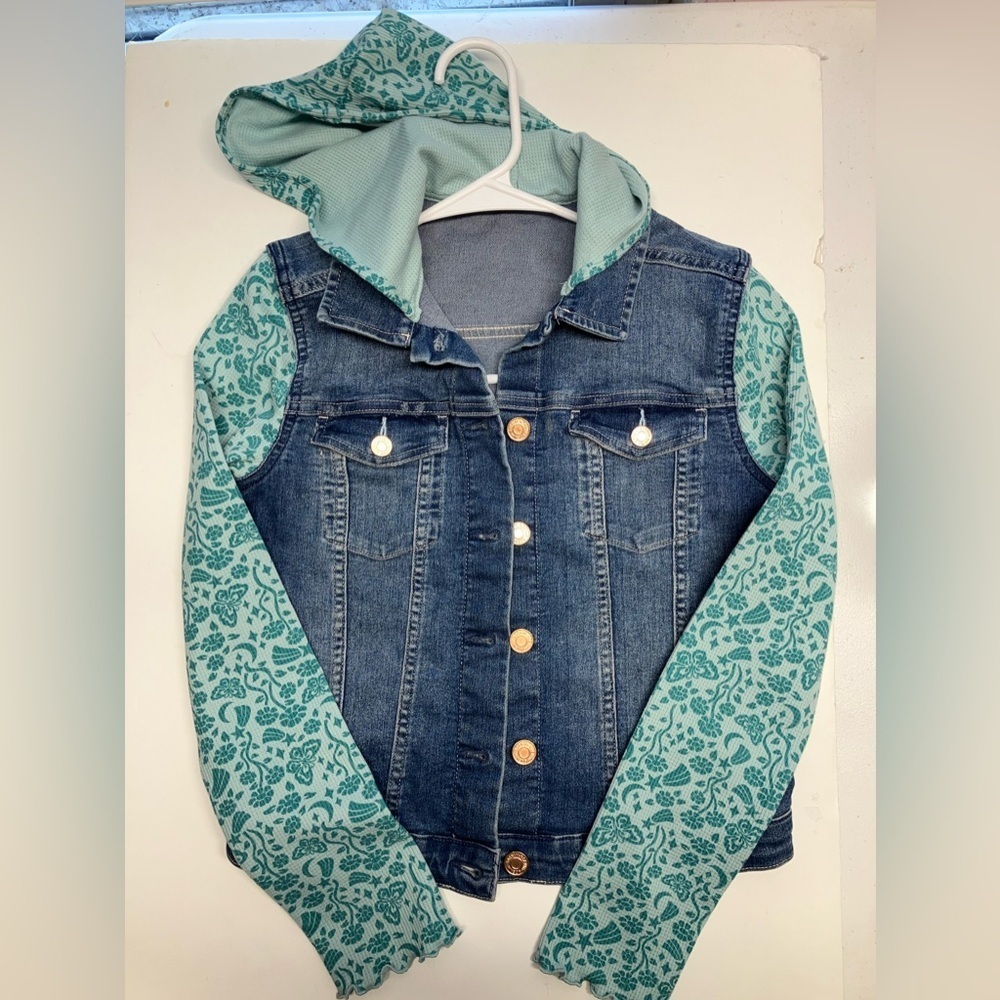 Girl’s Denim Upcycled Hoodie/Jacket, L-XL, Faded Blue/Teal, Sustainable Fashion